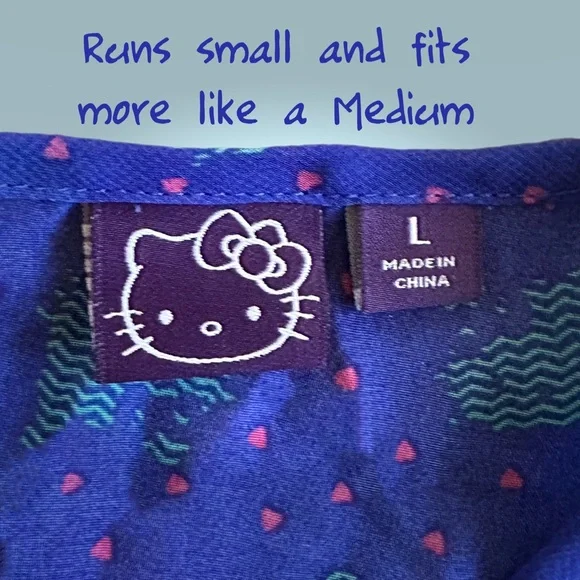 Hello Kitty Sheer Cobalt Blue Ruffle Blouse Women's L, Fits Like M, Pink‎ Hearts - Picture 9 of 10